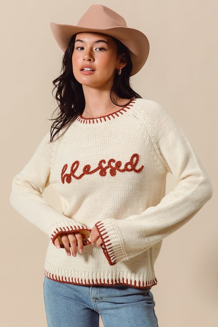 Blessed Lettering Sweater w/Stitching