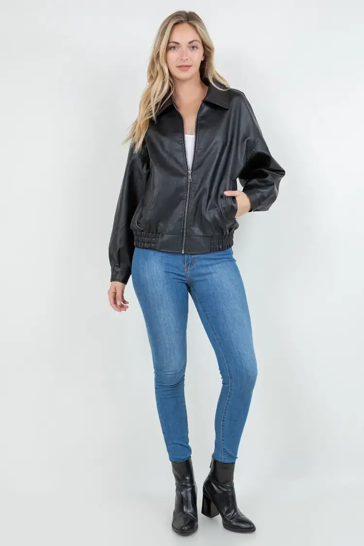 Oversized Faux Leather Bomber Jacket