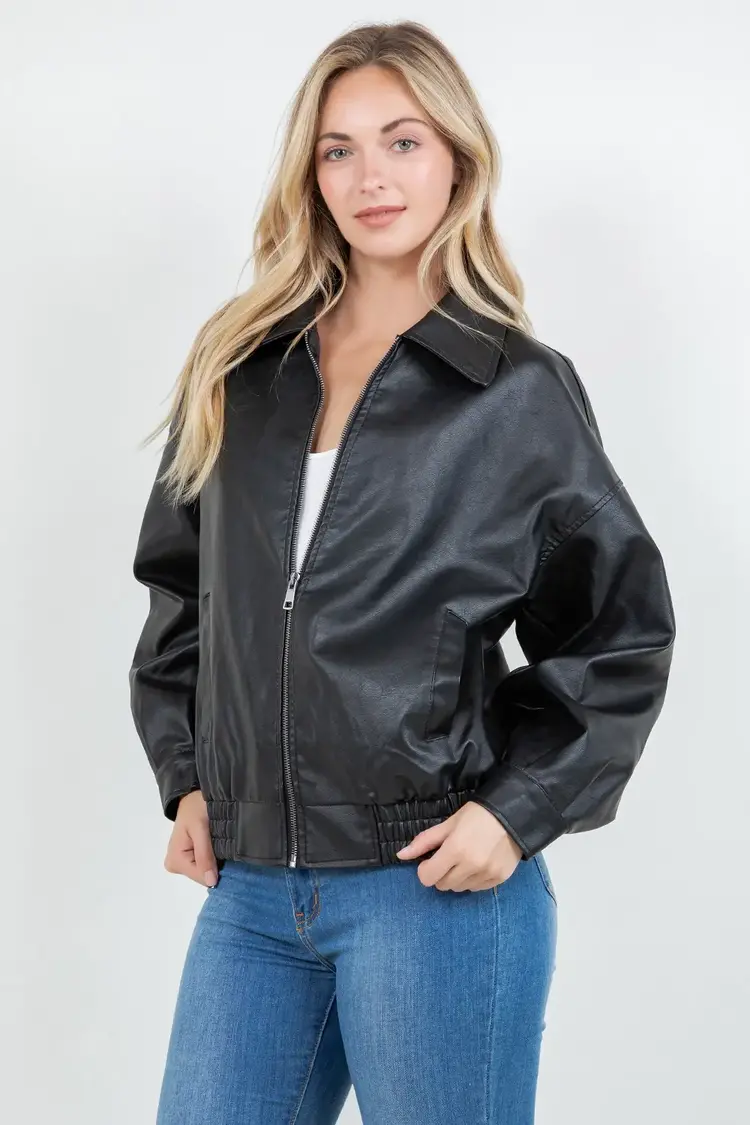 Oversized Faux Leather Bomber Jacket