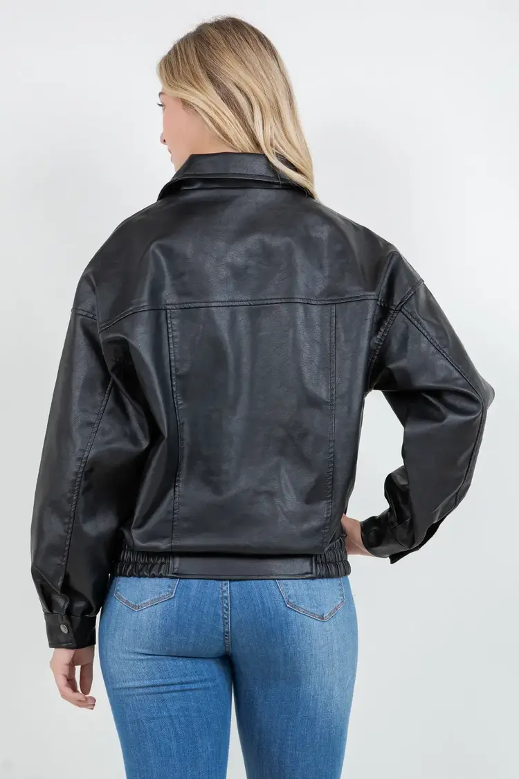 Oversized Faux Leather Bomber Jacket