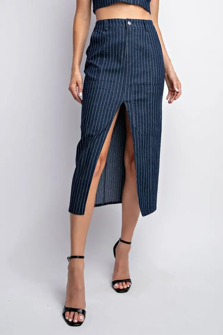 Denim Stripe Midi Length Cargo Skirt