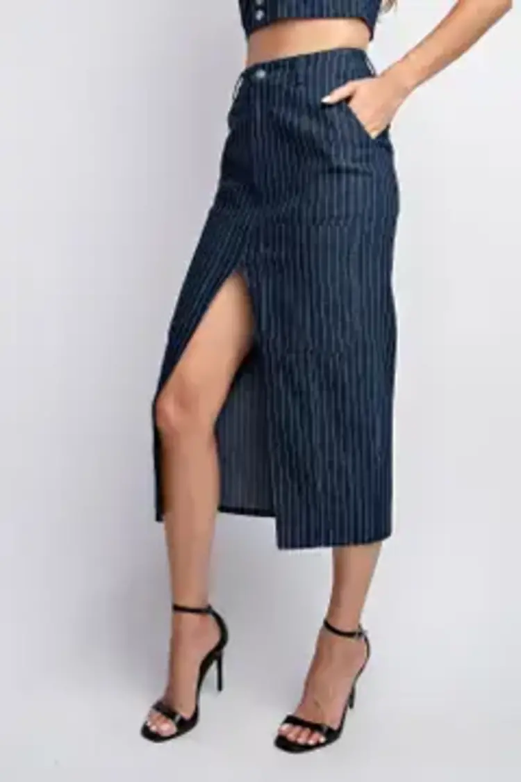 Denim Stripe Midi Length Cargo Skirt