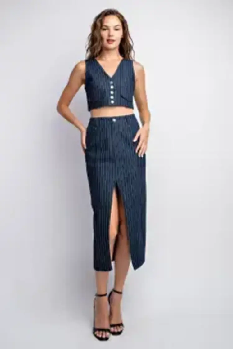Denim Stripe Midi Length Cargo Skirt
