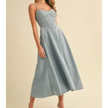 Denim Paneled A-Line Midi Dress