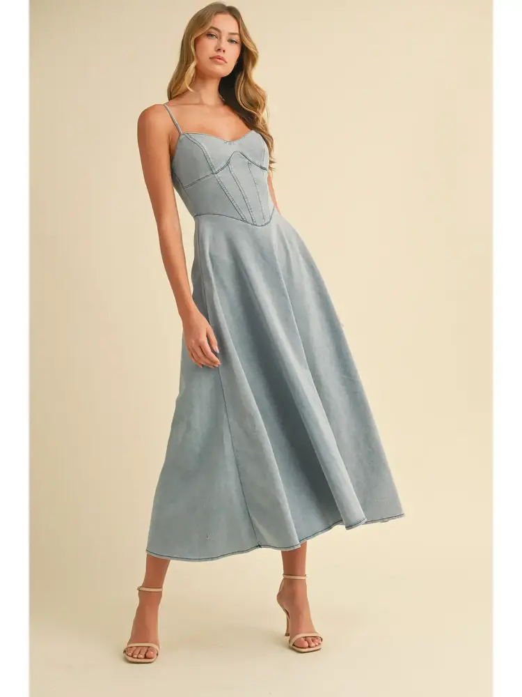 Denim Paneled A-Line Midi Dress