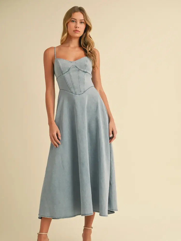 Denim Paneled A-Line Midi Dress