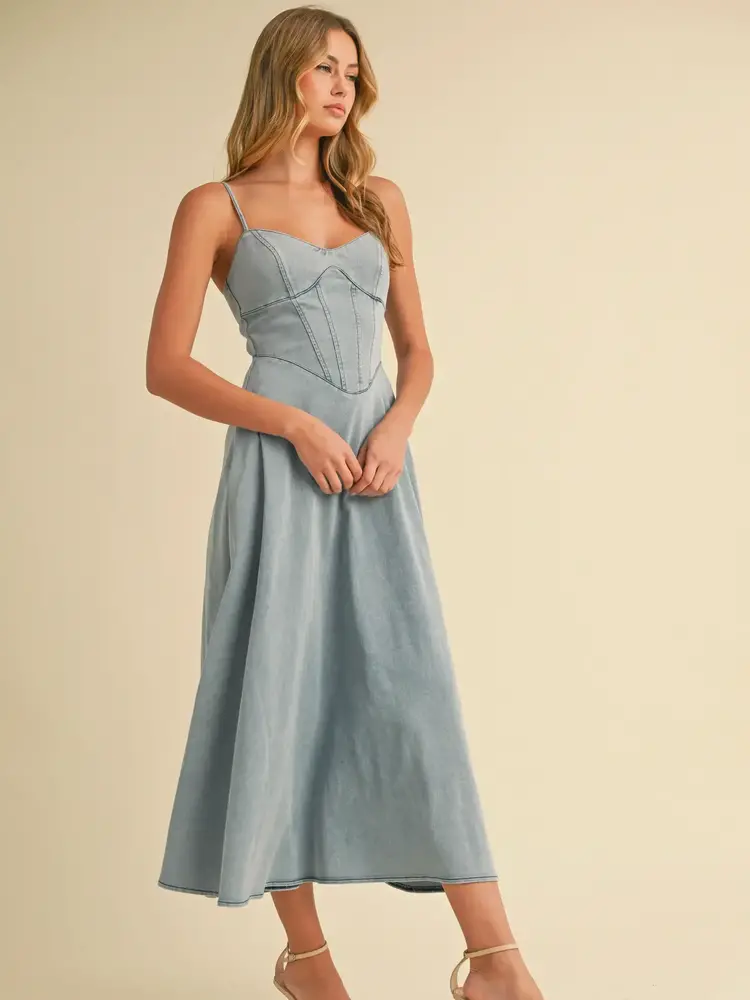 Denim Paneled A-Line Midi Dress