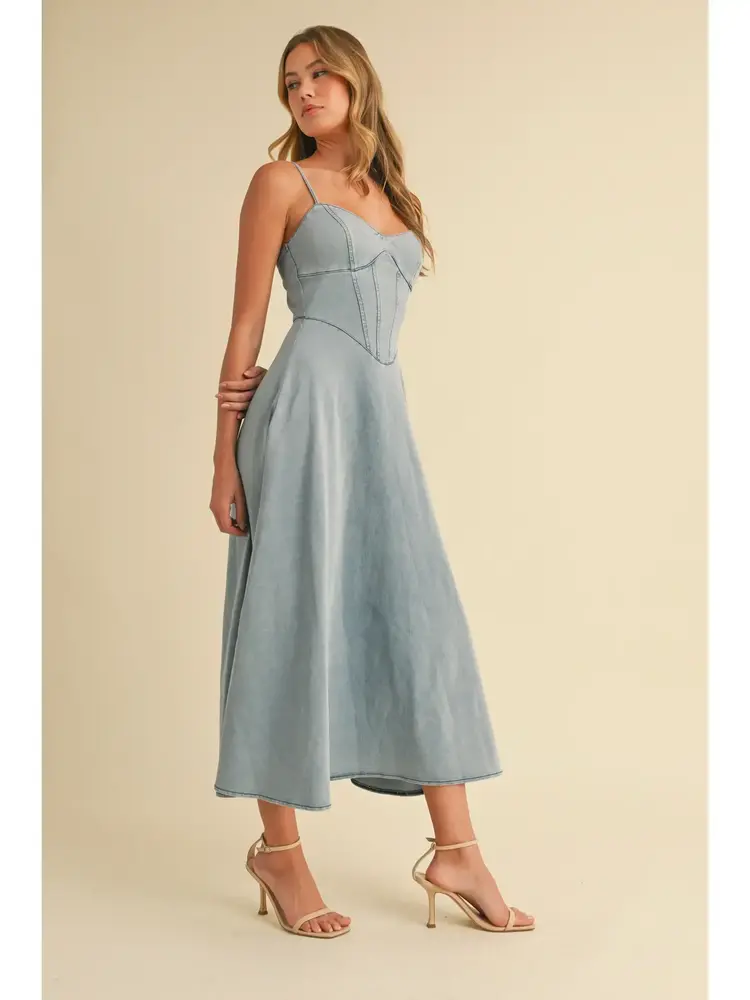 Denim Paneled A-Line Midi Dress
