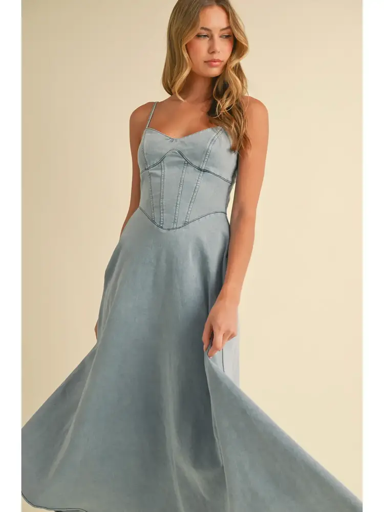 Denim Paneled A-Line Midi Dress
