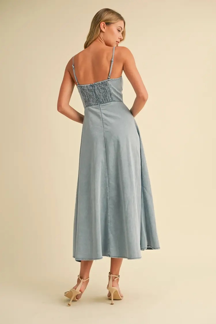 Denim Paneled A-Line Midi Dress
