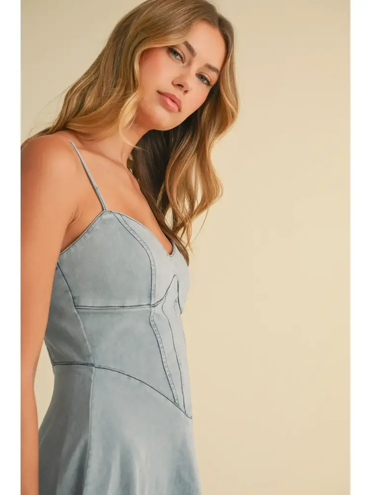 Denim Paneled A-Line Midi Dress