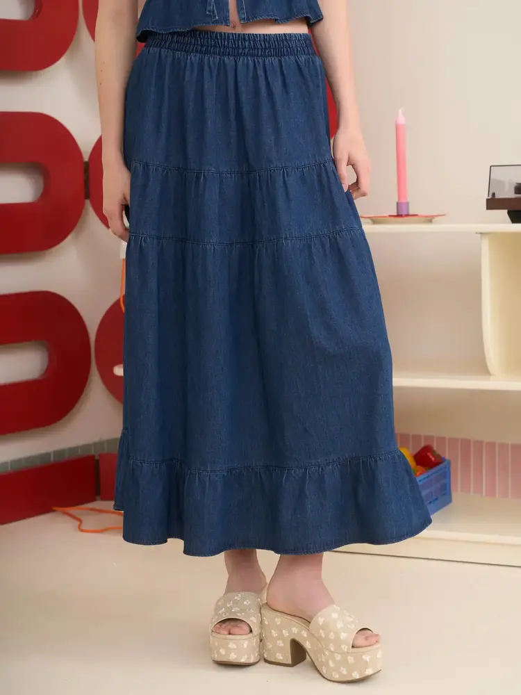 Tiered Denim Midi  Skirt