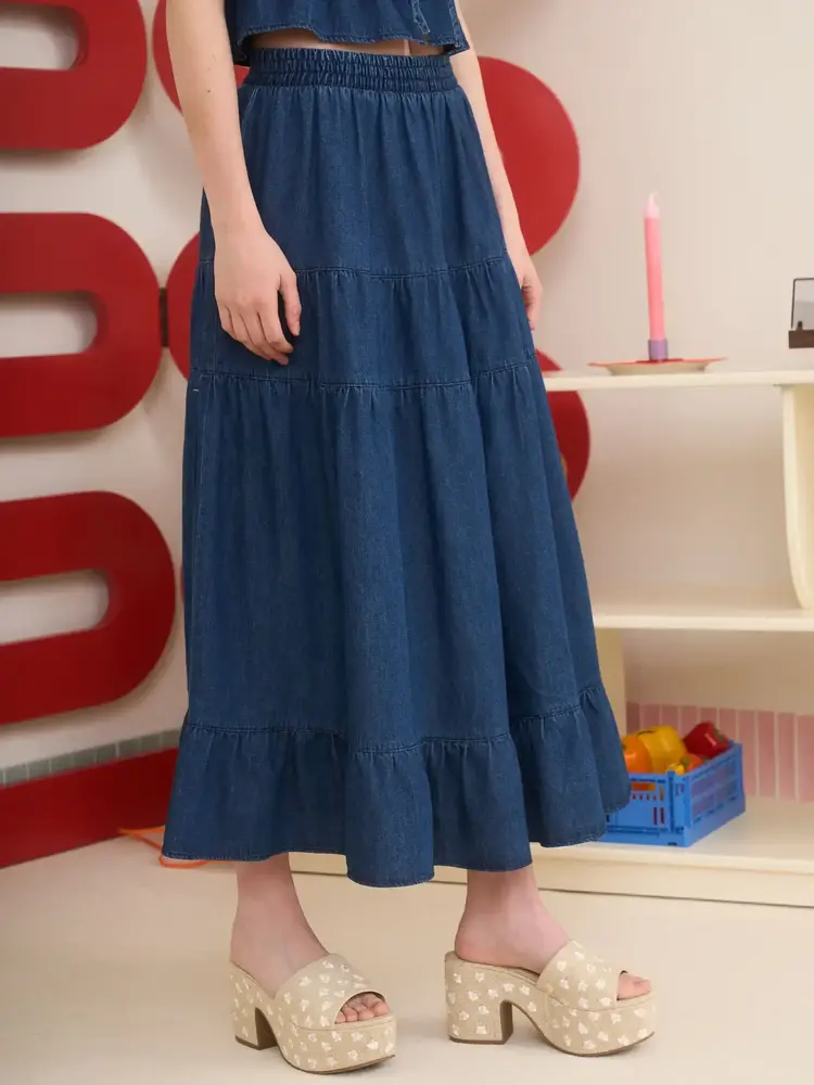 Tiered Denim Midi  Skirt