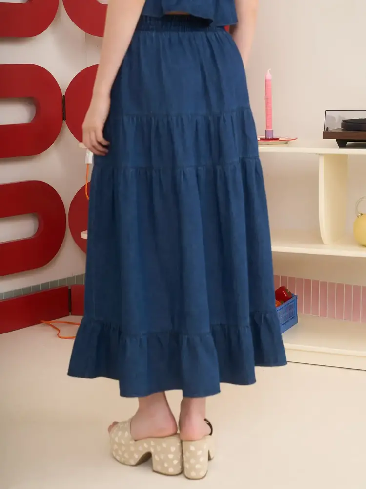 Tiered Denim Midi  Skirt