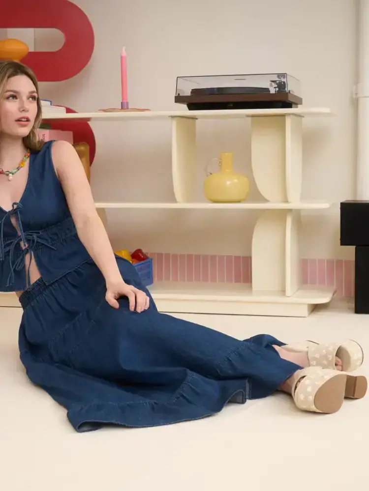 Tiered Denim Midi  Skirt