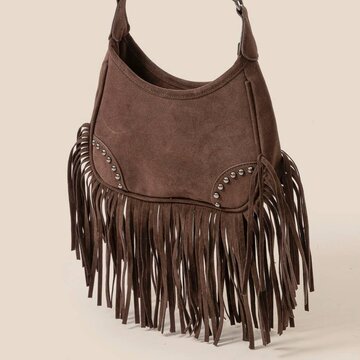 Faux Suede Fringe Shoulder Bag Dk. Brown