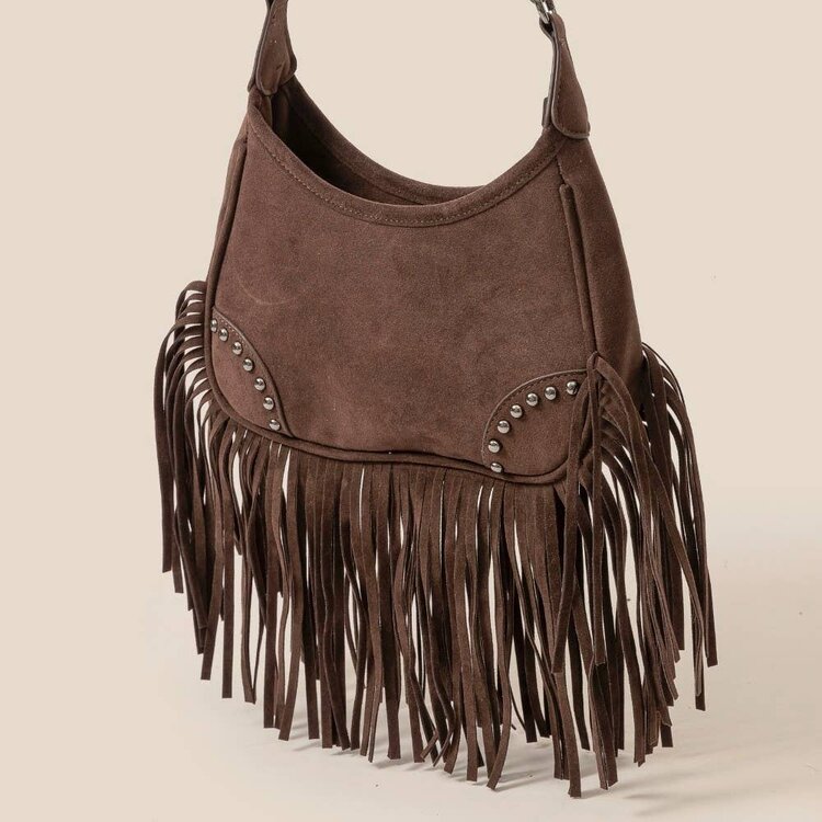 Faux Suede Fringe Shoulder Bag Dk. Brown