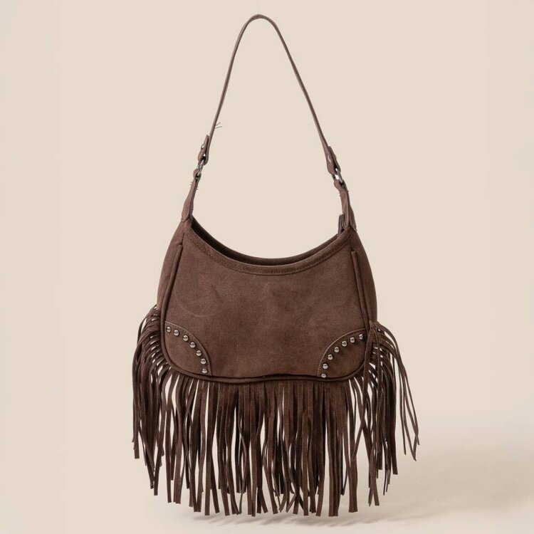 Faux Suede Fringe Shoulder Bag Dk. Brown