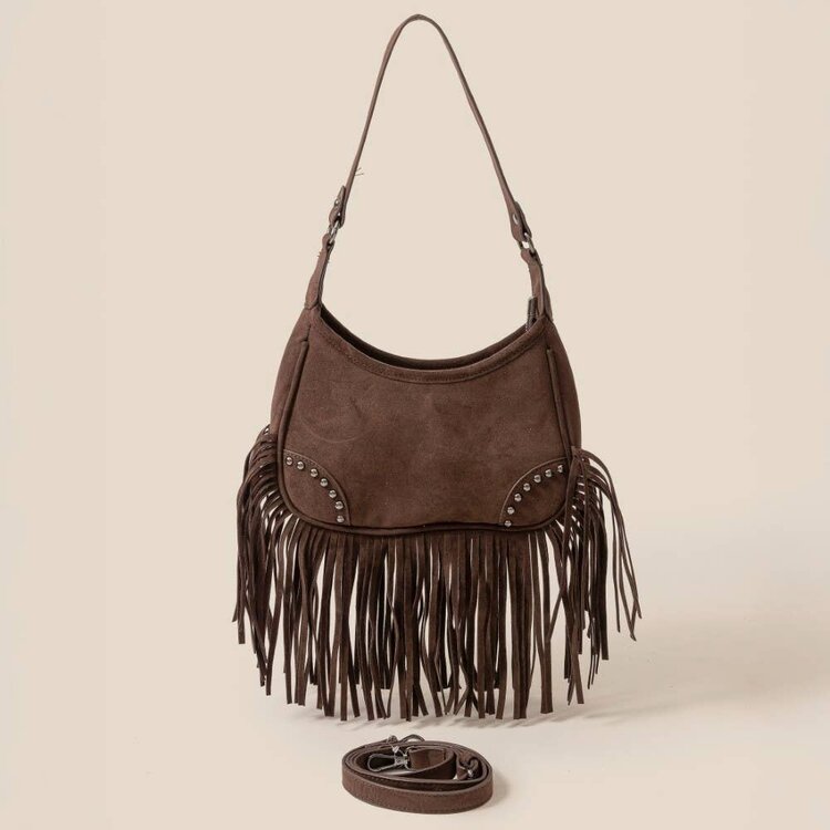 Faux Suede Fringe Shoulder Bag Dk. Brown