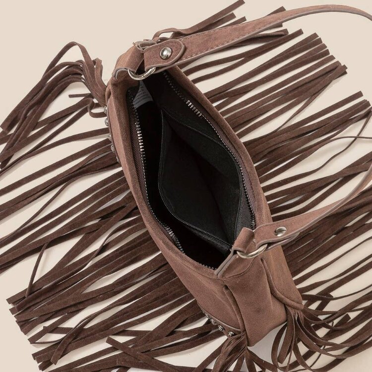 Faux Suede Fringe Shoulder Bag Dk. Brown