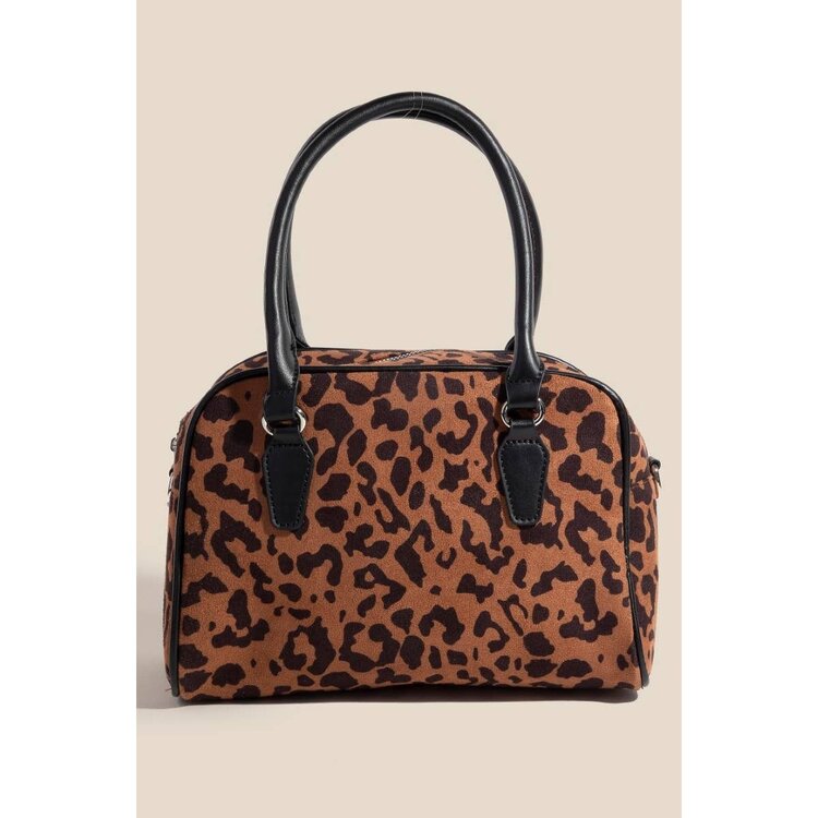 Faux Leather Handle Boxy Hand Bag Leopard Print