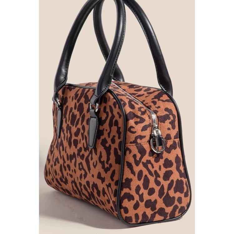 Faux Leather Handle Boxy Hand Bag Leopard Print