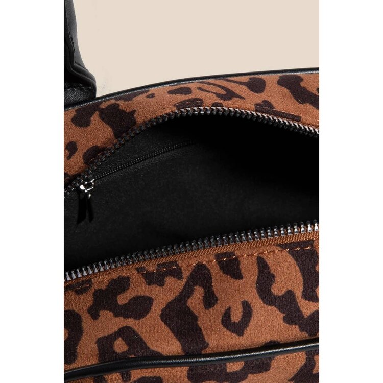 Faux Leather Handle Boxy Hand Bag Leopard Print