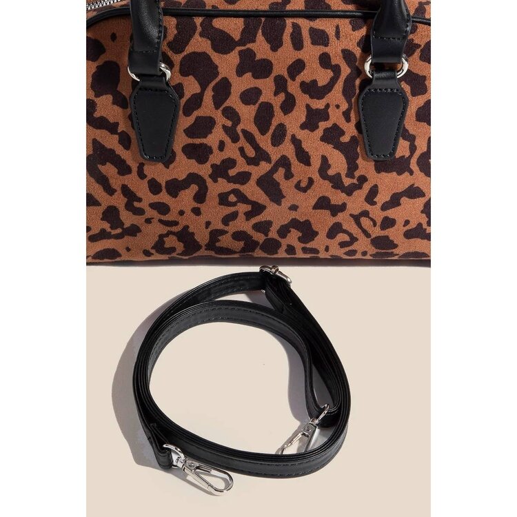 Faux Leather Handle Boxy Hand Bag Leopard Print