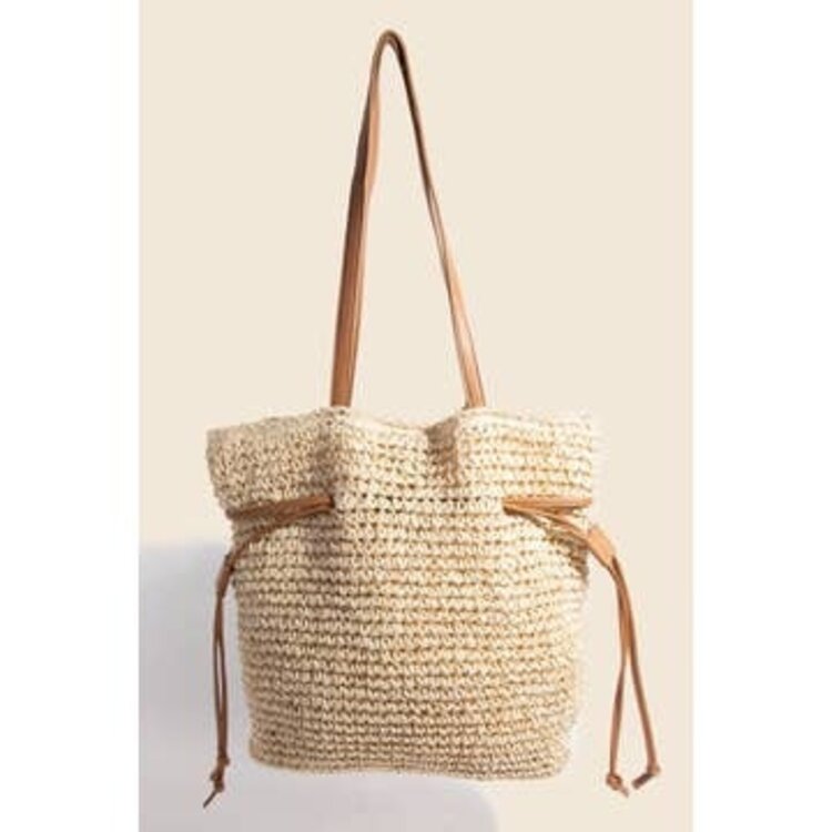 Faux Leather Straps Braided Tote Bag Ivory