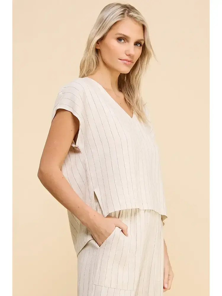 Pinstriped V Neck Hi-Lo Top