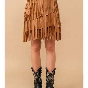 Faux Suede Wrap Fringe Skirt