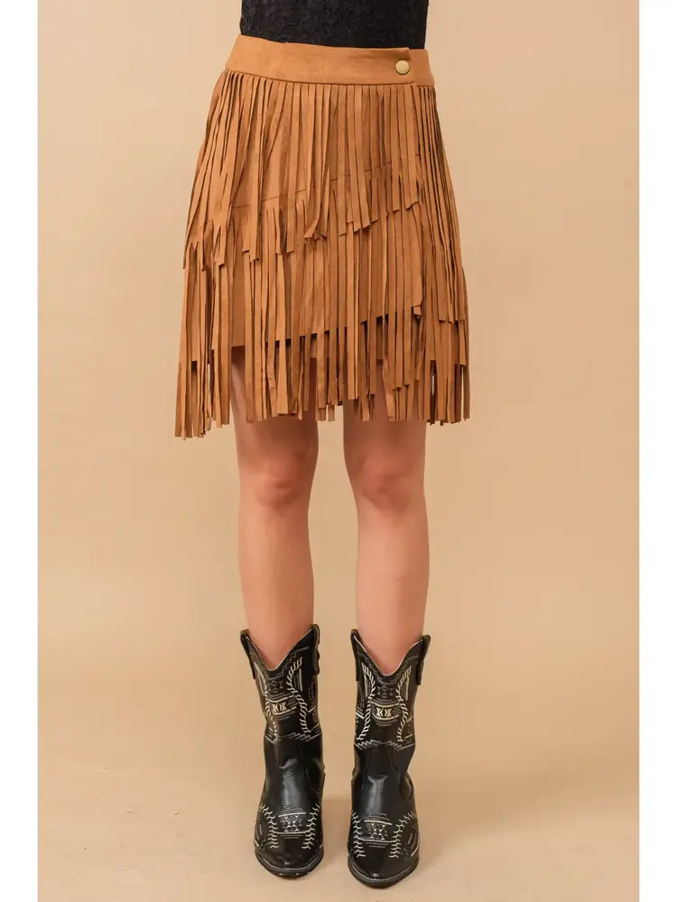 Faux Suede Wrap Fringe Skirt