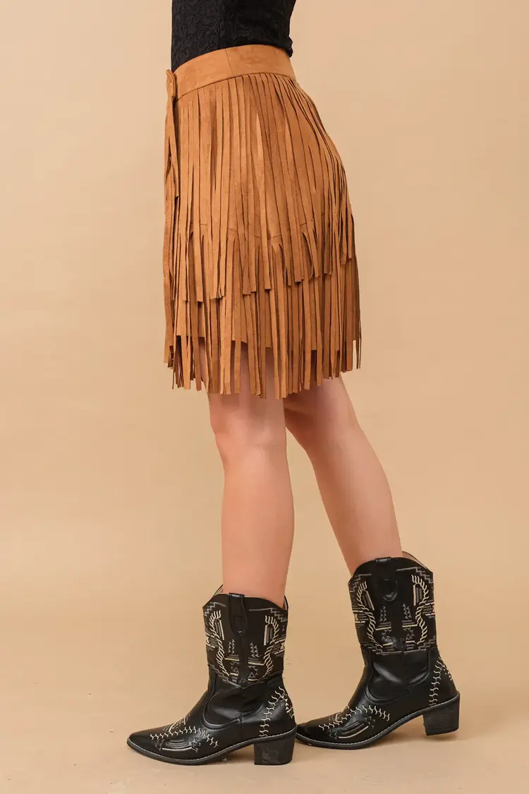 Faux Suede Wrap Fringe Skirt
