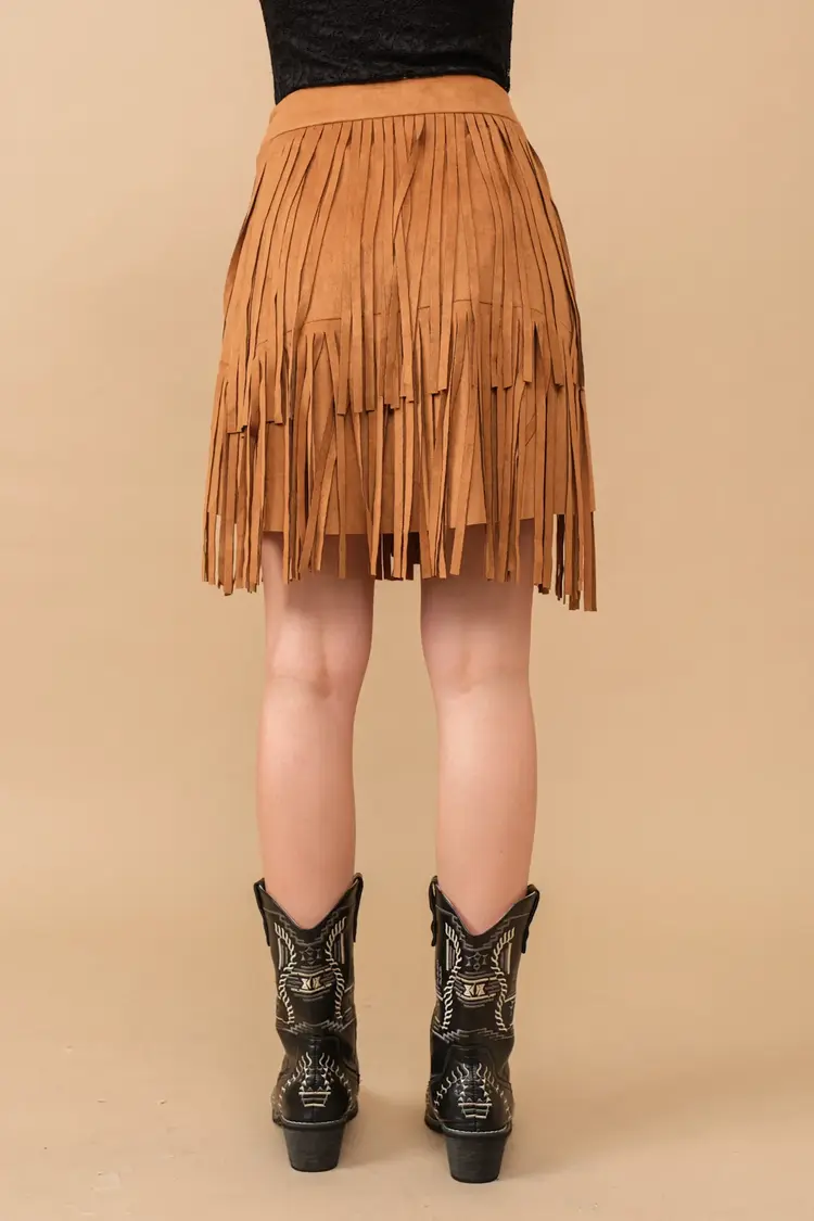 Faux Suede Wrap Fringe Skirt