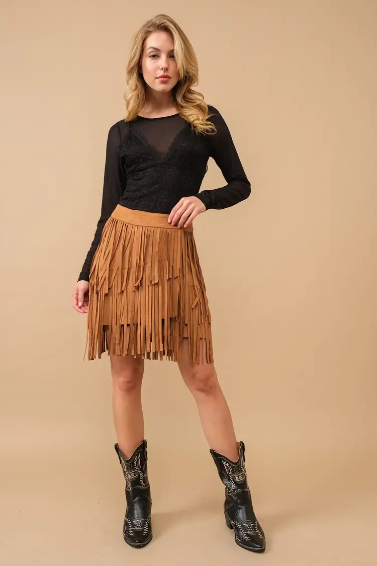 Faux Suede Wrap Fringe Skirt