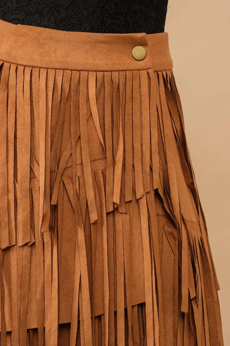 Faux Suede Wrap Fringe Skirt
