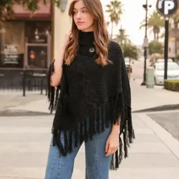 Turtleneck Cable Knit Poncho w/Tassels
