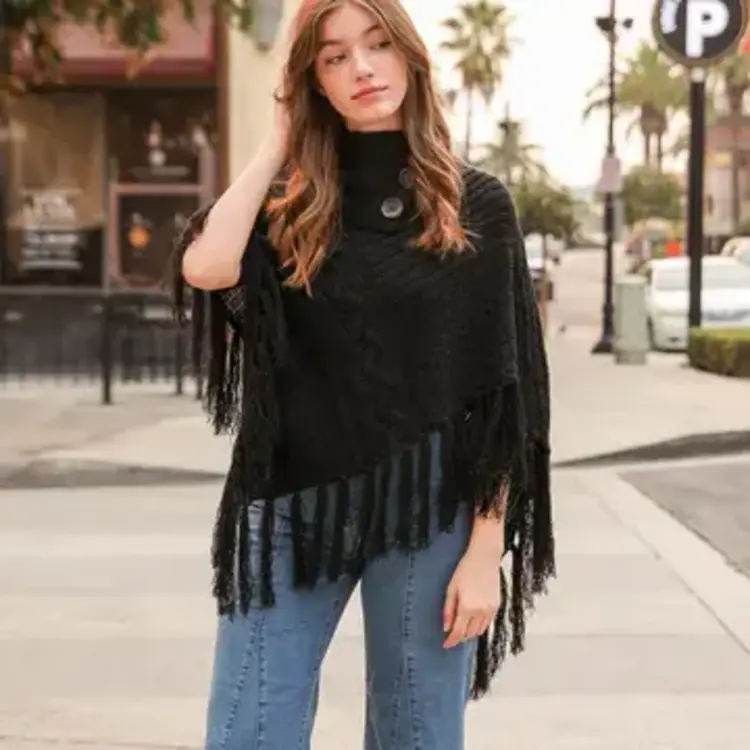 Turtleneck Cable Knit Poncho w/Tassels