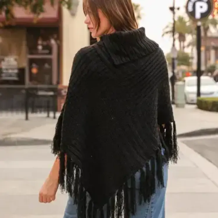 Turtleneck Cable Knit Poncho w/Tassels