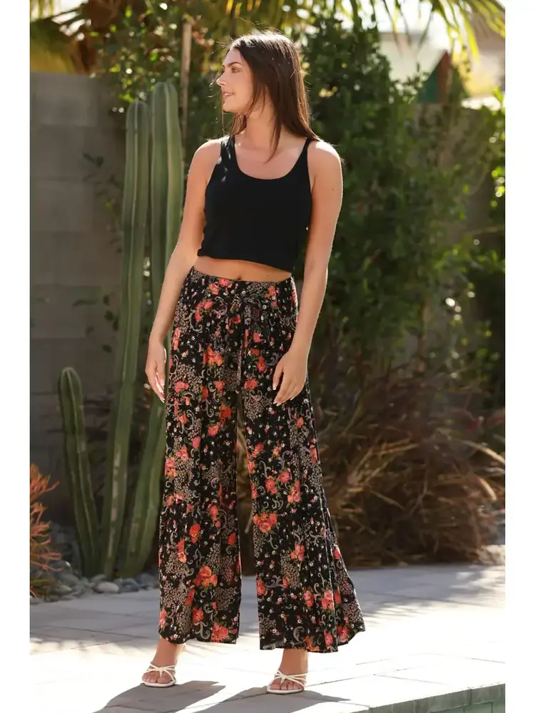 Wide Leg Floral Pants w/Tie Waist