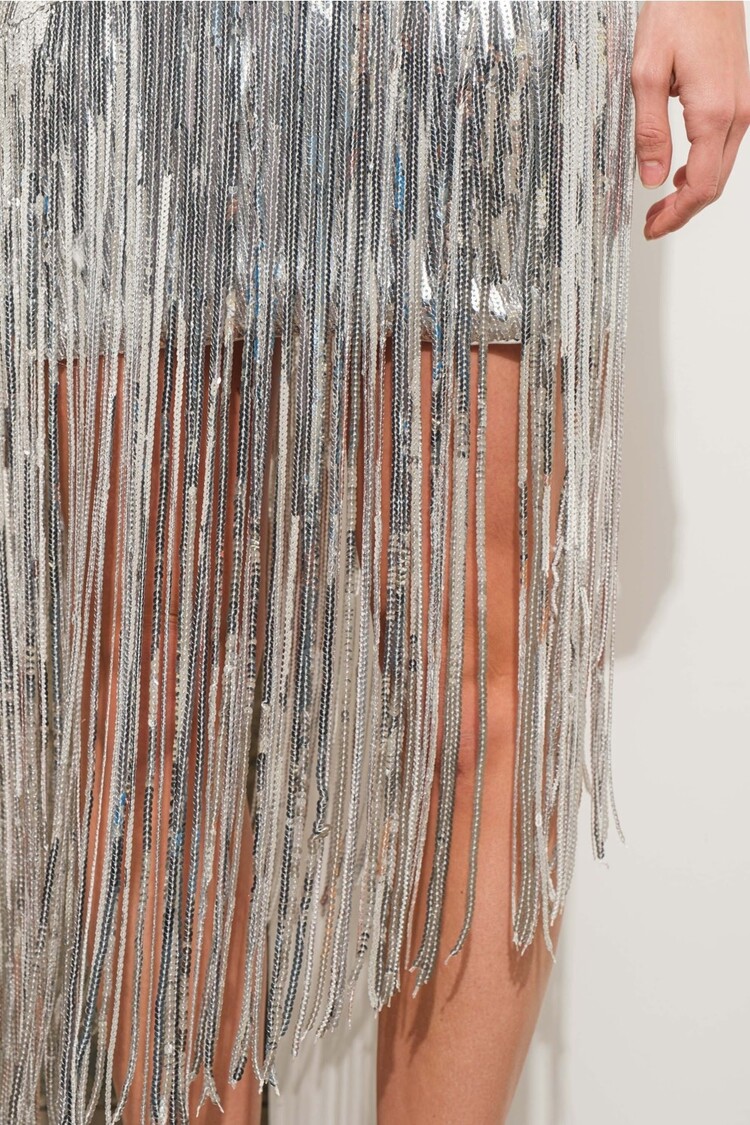 Sequin Asymmetrical Long Fringe Mini Dress