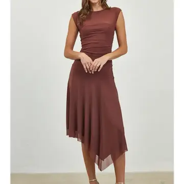 Ruched Asymmetric Hem Mesh Midi Dress