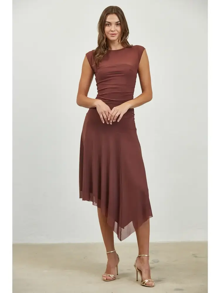 Ruched Asymmetric Hem Mesh Midi Dress