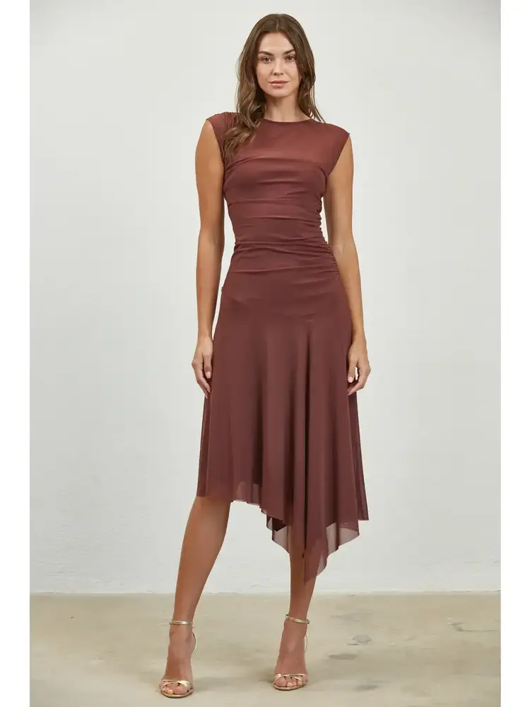 Ruched Asymmetric Hem Mesh Midi Dress