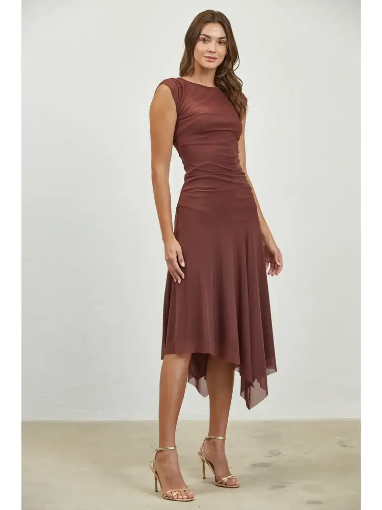Ruched Asymmetric Hem Mesh Midi Dress