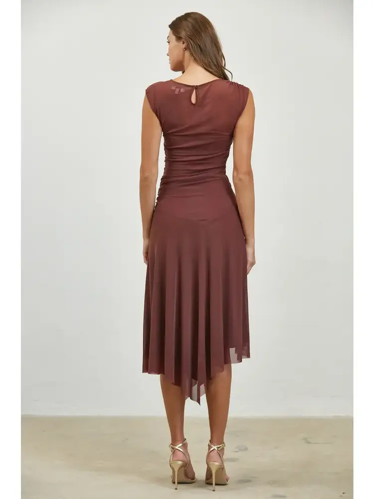 Ruched Asymmetric Hem Mesh Midi Dress