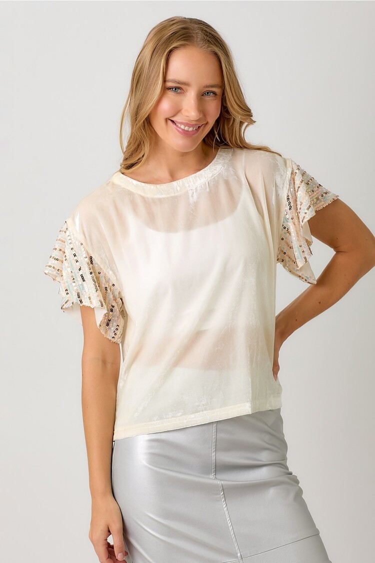 Flutter Sleeve Velvet Sequin Blouse