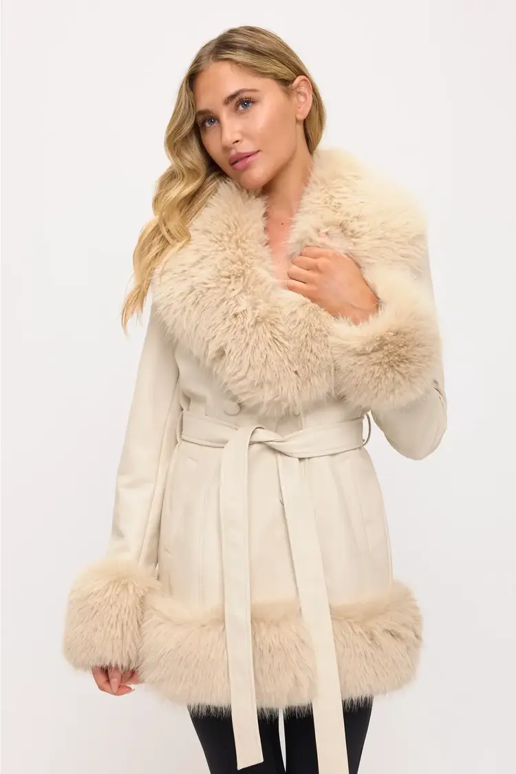 Faux Leather/Fur Double Breasted Coat
