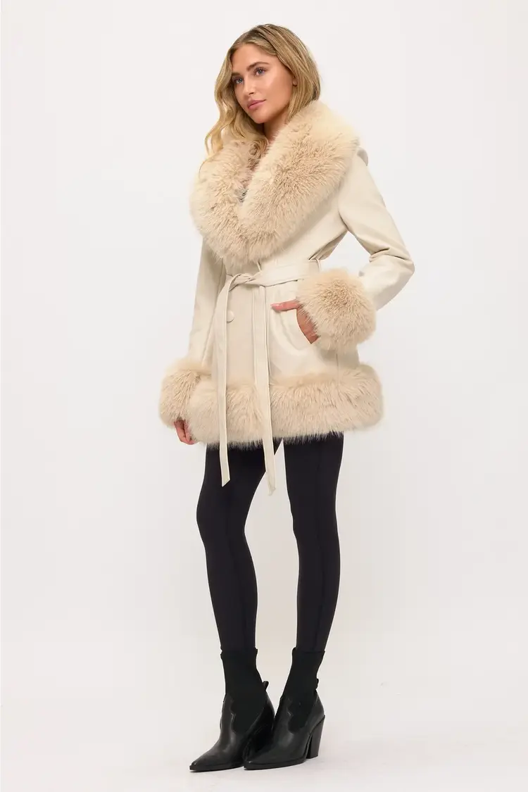 Faux Leather/Fur Double Breasted Coat