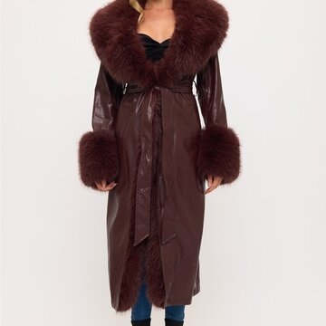 Long Faux Leather/Fur Trim Coat